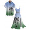 Vacation Couple Outfit Ombre Coconut Tree Print Lace Hollow Out Slit Dress and Shirt Set - PLANT GREEN S | US 4