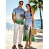 Vacation Couple Outfit Ombre Coconut Tree Print Lace Hollow Out Slit Dress and Shirt Set - PLANT GREEN S | US 4