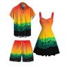 Vacation Hawaiian Couple Outfit Tropical Ombre Coconut Tree Silhouette Print Ruched Dress and Shirt Drawstring Shorts Set - multicolor A S | US 4