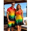 Vacation Hawaiian Couple Outfit Tropical Ombre Coconut Tree Silhouette Print Ruched Dress and Shirt Drawstring Shorts Set - multicolor A S | US 4