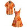 Hawaiian Vacation Couple Outfit Ombre Watercolor Hibiscus Floral Pattern Ruched Bust Mini Dress and Shirt Set - Orange S | US 4