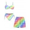 Hawaiian Vacation Couple Outfit Rainbow Striped Print Ruched Cinched Briefs Bikini Swimsuit and Drawstring Beach Shorts Set - multicolor A S | US 4