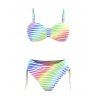Hawaiian Vacation Couple Outfit Rainbow Striped Print Ruched Cinched Briefs Bikini Swimsuit and Drawstring Beach Shorts Set - multicolor A S | US 4