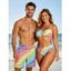 Hawaiian Vacation Couple Outfit Rainbow Striped Print Ruched Cinched Briefs Bikini Swimsuit and Drawstring Beach Shorts Set - multicolor A S | US 4