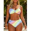 Hawaiian Vacation Couple Outfit Rainbow Striped Print Ruched Cinched Briefs Bikini Swimsuit and Drawstring Beach Shorts Set - multicolor A S | US 4