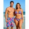 Hawaiian Vacation Couple Outfit Tropical Floral Leaf Print Tied Open Back Halter Bikini Swimsuit and Drawstring Beach Shorts Set - multicolor A S | US 4