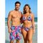 Hawaiian Vacation Couple Outfit Tropical Floral Leaf Print Tied Open Back Halter Bikini Swimsuit and Drawstring Beach Shorts Set - multicolor A S | US 4