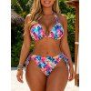 Hawaiian Vacation Couple Outfit Tropical Floral Leaf Print Tied Open Back Halter Bikini Swimsuit and Drawstring Beach Shorts Set - multicolor A S | US 4