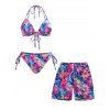 Hawaiian Vacation Couple Outfit Tropical Floral Leaf Print Tied Open Back Halter Bikini Swimsuit and Drawstring Beach Shorts Set - multicolor A S | US 4