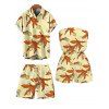Beach Vacation Couple Outfit Cartoon Lemon Leaf Print Pocket Off the Shoulder Romper and Shirt Drawstring Shorts Set - Jaune S | US 4