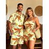 Beach Vacation Couple Outfit Cartoon Lemon Leaf Print Pocket Off the Shoulder Romper and Shirt Drawstring Shorts Set - Jaune S | US 4