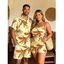 Beach Vacation Couple Outfit Cartoon Lemon Leaf Print Pocket Off the Shoulder Romper and Shirt Drawstring Shorts Set - Jaune S | US 4