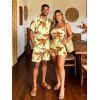 Beach Vacation Couple Outfit Cartoon Lemon Leaf Print Pocket Off the Shoulder Romper and Shirt Drawstring Shorts Set - Jaune S | US 4