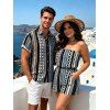 Bohemian Vacation Couple Outfit Colorblock Striped Geometric Print Pocket Off the Shoulder Romper and Shirt Set - multicolor A S | US 4