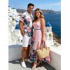 Hawaiian Couple Outfit Colorblock Hibiscus Floral Tropical Leaf Print Lace Hollow Out Slit Dress and Shirt Set - LIGHT PINK S | US 4