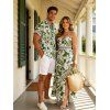 Hawaiian Vacation Couple Outfit Tropical Floral Leaf Print Lace Hollow Out Slit Dress and Shirt Set - PLANT GREEN S | US 4