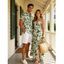 Hawaiian Vacation Couple Outfit Tropical Floral Leaf Print Lace Hollow Out Slit Dress and Shirt Set - PLANT GREEN S | US 4