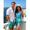 Vacation Couple Outfit Ombre Tropical Palm Leaf Print Pocket Off the Shoulder Romper and Drawstring Beach Shorts Set - DENIM BLUE S | US 4