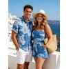 Hawaiian Vacation Couple Outfit Hibiscus Floral Leaf Print Pocket Off the Shoulder Romper and Shirt Set - Bleu Toile de Jean S | US 4