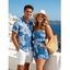 Hawaiian Vacation Couple Outfit Hibiscus Floral Leaf Print Pocket Off the Shoulder Romper and Shirt Set - Bleu Toile de Jean S | US 4