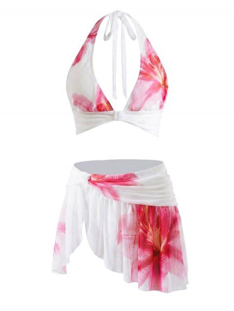 Vacation Bikini Swimsuit Watercolor Floral Print Mesh Irregular Skirt Halter Beach Swimwear Set