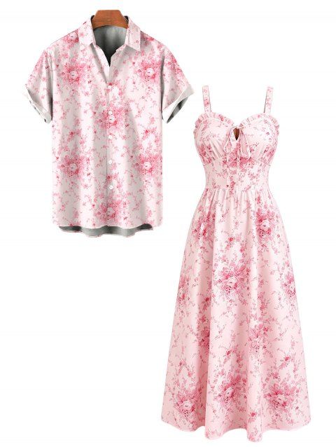 Vacation Couple Outfit Watercolor Rose Floral Print Ruffle Tied Cut Out Empire Waist Dress and Shirt Set