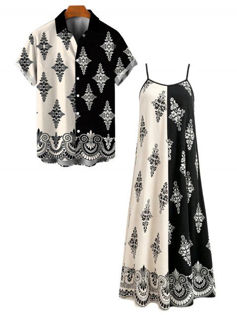 Bohemian Vacation Couple Outfit Contrast Color Baroque Damask Print Spaghetti Strap Maxi Dress and Shirt Set