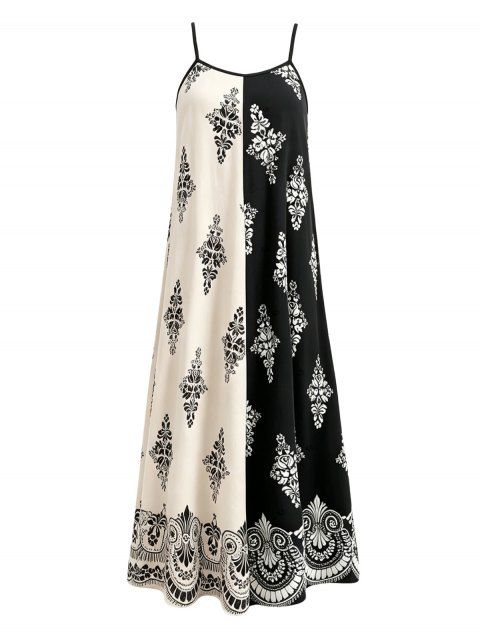 Bohemian Vacation Dress Contrast Color Baroque Damask Print Spaghetti Strap Maxi Dress