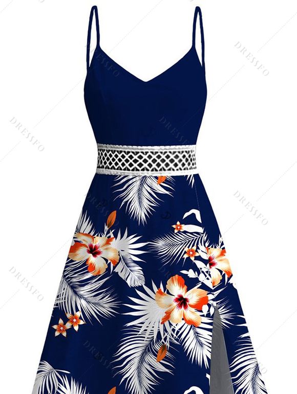 Hawaiian Vacation Dress Hibiscus Floral Tropical Leaf Print Lace Hollow Out Slit Dress - Bleu de Minuit S | US 4