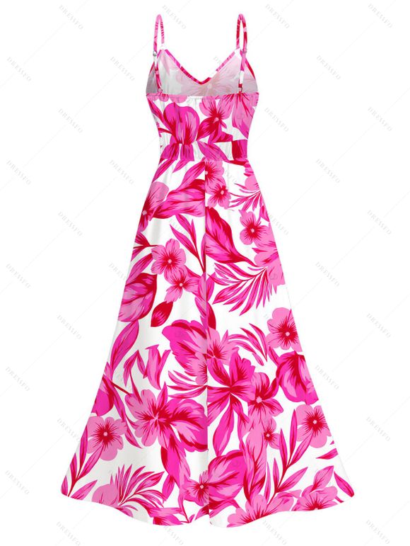Hawaiian Vacation Dress Allover Tropical Floral Leaf Print Lace Hollow Out Slit Dress - Rose Vif S | US 4