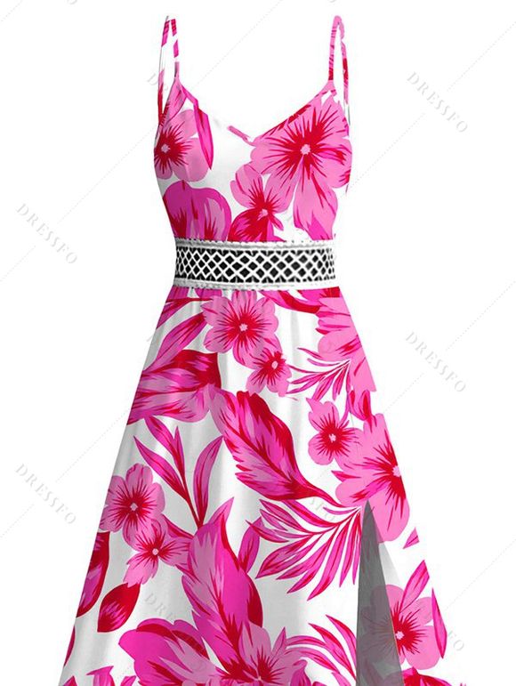 Hawaiian Vacation Dress Allover Tropical Floral Leaf Print Lace Hollow Out Slit Dress - Rose Vif S | US 4