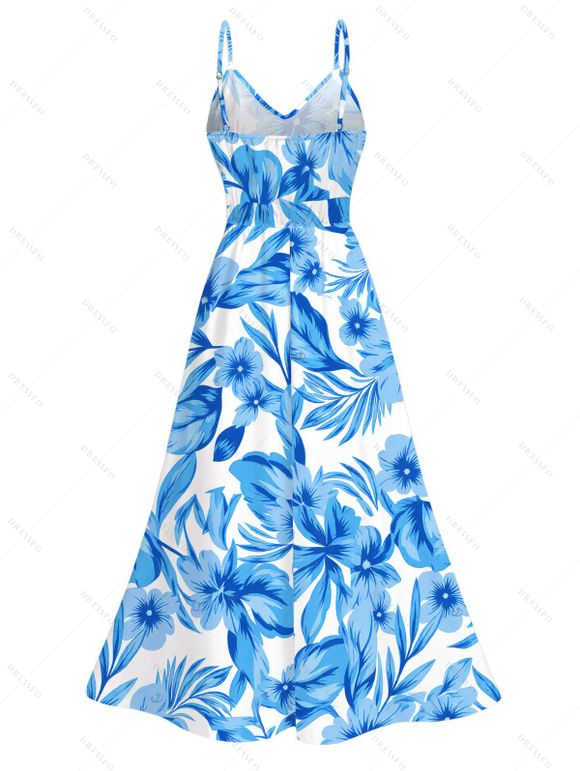 Hawaiian Vacation Dress Allover Tropical Floral Leaf Print Lace Hollow Out Slit Dress - Bleu clair XXXXXL | US 20