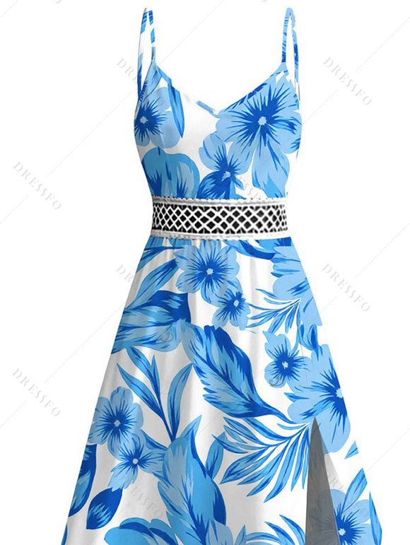 Hawaiian Vacation Dress Allover Tropical Floral Leaf Print Lace Hollow Out Slit Dress - Bleu clair XXXXXL | US 20