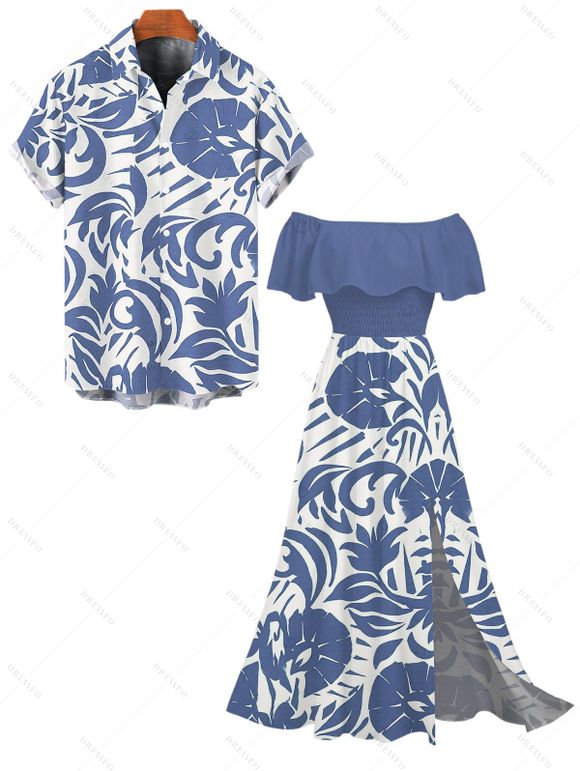Vacation Couple Outfit Botanical Leaf Scroll Silhouette Print Flounce Off the Shoulder Smocked Slit Dress and Shirt Set - Bleu clair S | US 4