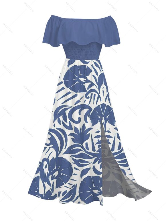 Vacation Couple Outfit Botanical Leaf Scroll Silhouette Print Flounce Off the Shoulder Smocked Slit Dress and Shirt Set - Bleu clair S | US 4