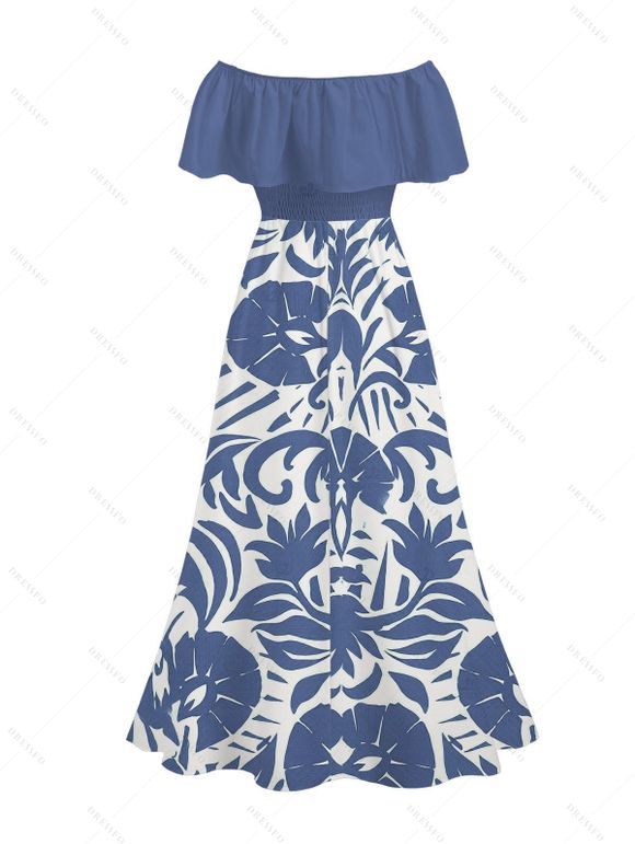 Vacation Couple Outfit Botanical Leaf Scroll Silhouette Print Flounce Off the Shoulder Smocked Slit Dress and Shirt Set - Bleu clair S | US 4