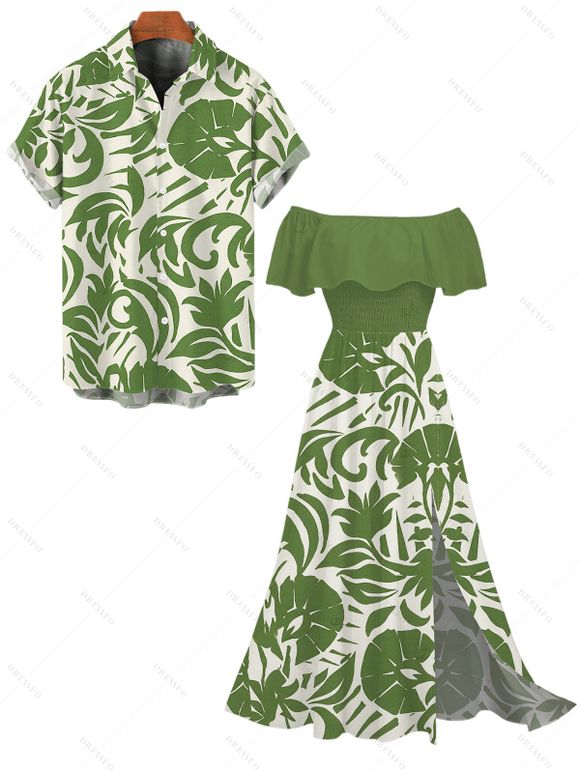 Vacation Couple Outfit Botanical Leaf Scroll Silhouette Print Flounce Off the Shoulder Smocked Slit Dress and Shirt Set - Vert S | US 4