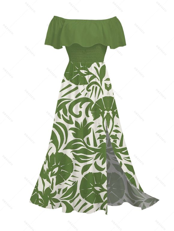Vacation Couple Outfit Botanical Leaf Scroll Silhouette Print Flounce Off the Shoulder Smocked Slit Dress and Shirt Set - Vert S | US 4