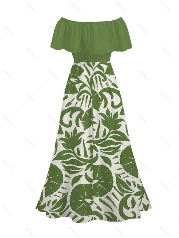 Vacation Couple Outfit Botanical Leaf Scroll Silhouette Print Flounce Off the Shoulder Smocked Slit Dress and Shirt Set - Vert S | US 4