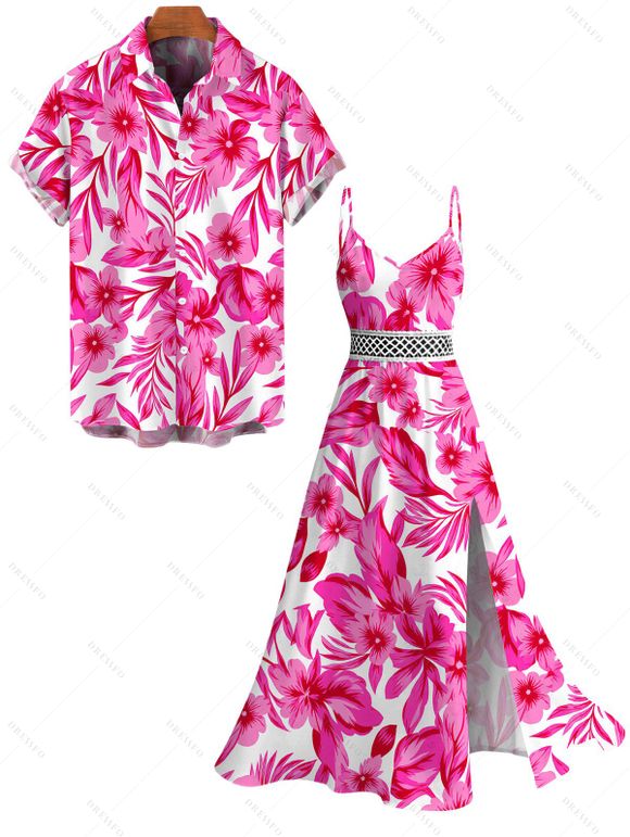 Hawaiian Vacation Couple Outfit Allover Tropical Floral Leaf Print Lace Hollow Out Slit Dress and Shirt Set - Rose Vif S | US 4