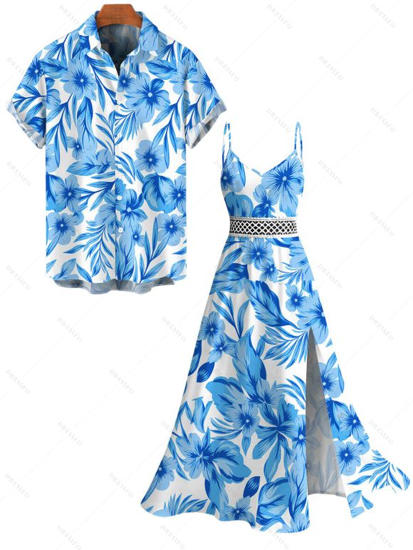 Hawaiian Vacation Couple Outfit Allover Tropical Floral Leaf Print Lace Hollow Out Slit Dress and Shirt Set - Bleu clair S | US 4