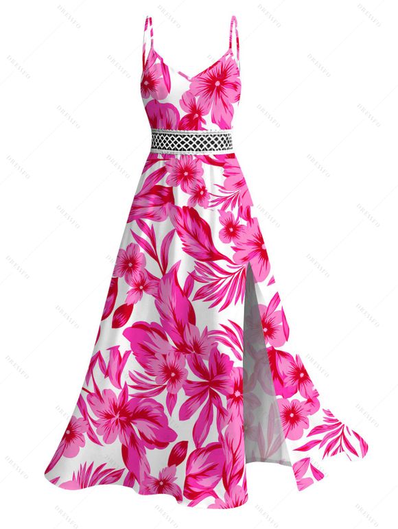 Hawaiian Vacation Couple Outfit Allover Tropical Floral Leaf Print Lace Hollow Out Slit Dress and Shirt Set - Rose Vif S | US 4
