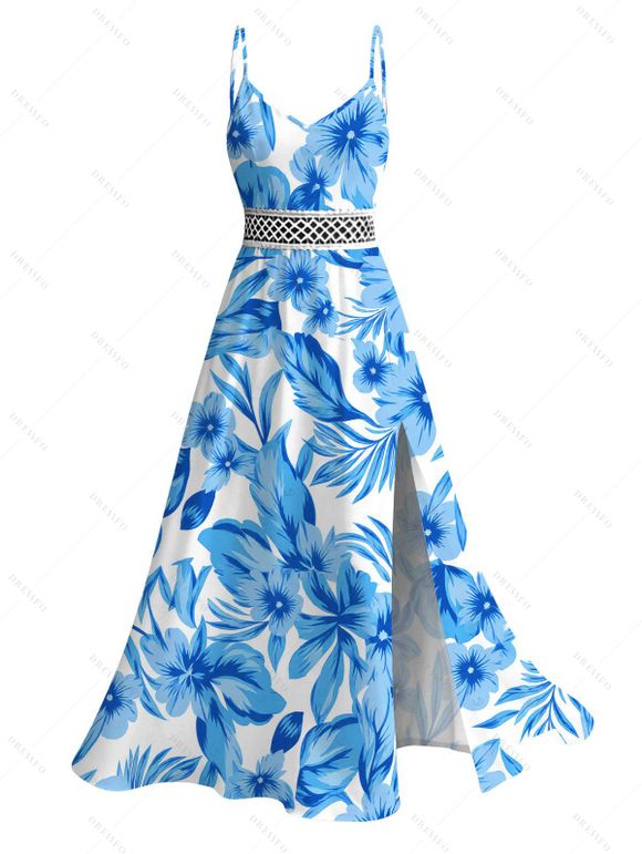Hawaiian Vacation Couple Outfit Allover Tropical Floral Leaf Print Lace Hollow Out Slit Dress and Shirt Set - Bleu clair S | US 4