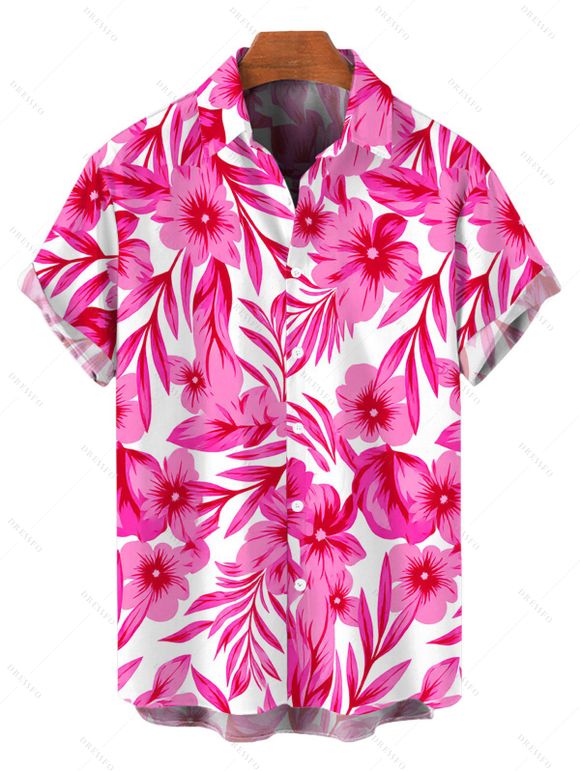 Hawaiian Vacation Couple Outfit Allover Tropical Floral Leaf Print Lace Hollow Out Slit Dress and Shirt Set - Rose Vif S | US 4