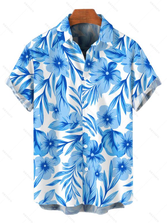 Hawaiian Vacation Couple Outfit Allover Tropical Floral Leaf Print Lace Hollow Out Slit Dress and Shirt Set - Bleu clair S | US 4