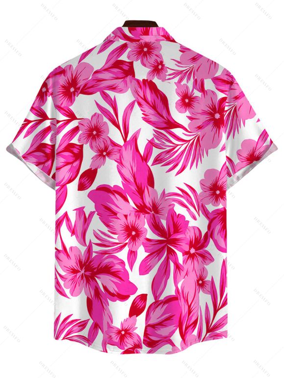 Hawaiian Vacation Couple Outfit Allover Tropical Floral Leaf Print Lace Hollow Out Slit Dress and Shirt Set - Rose Vif S | US 4
