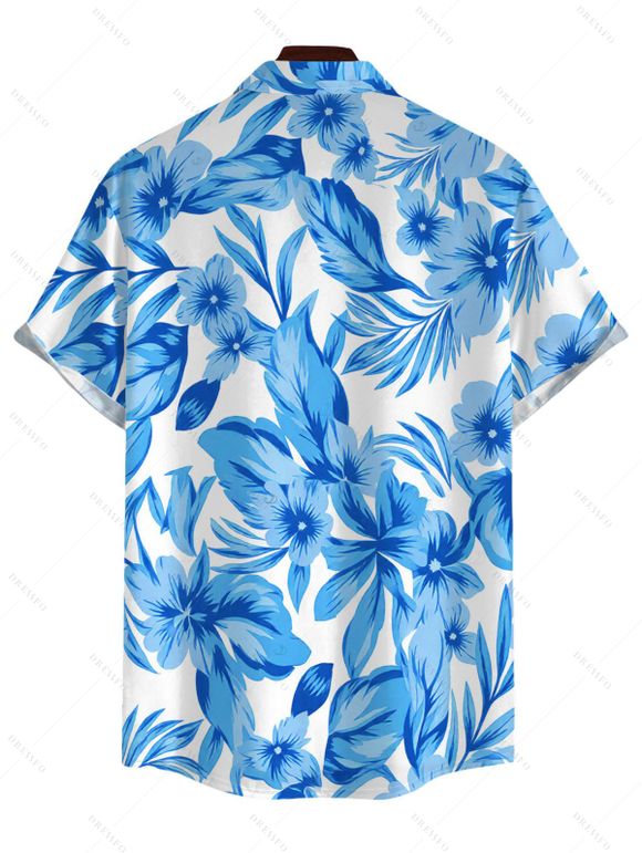 Hawaiian Vacation Couple Outfit Allover Tropical Floral Leaf Print Lace Hollow Out Slit Dress and Shirt Set - Bleu clair S | US 4