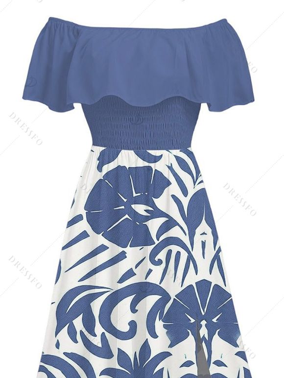 Vacation Dress Botanical Leaf Scroll Silhouette Print Flounce Off the Shoulder Smocked Slit Dress - Bleu clair S | US 4