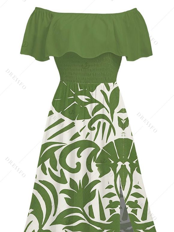 Vacation Dress Botanical Leaf Scroll Silhouette Print Flounce Off the Shoulder Smocked Slit Dress - Vert XXL | US 14