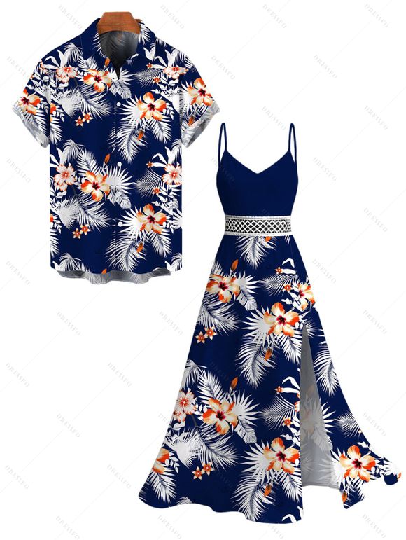 Hawaiian Vacation Couple Outfit Hibiscus Floral Tropical Leaf Print Lace Hollow Out Slit Dress and Shirt Set - Bleu de Minuit S | US 4